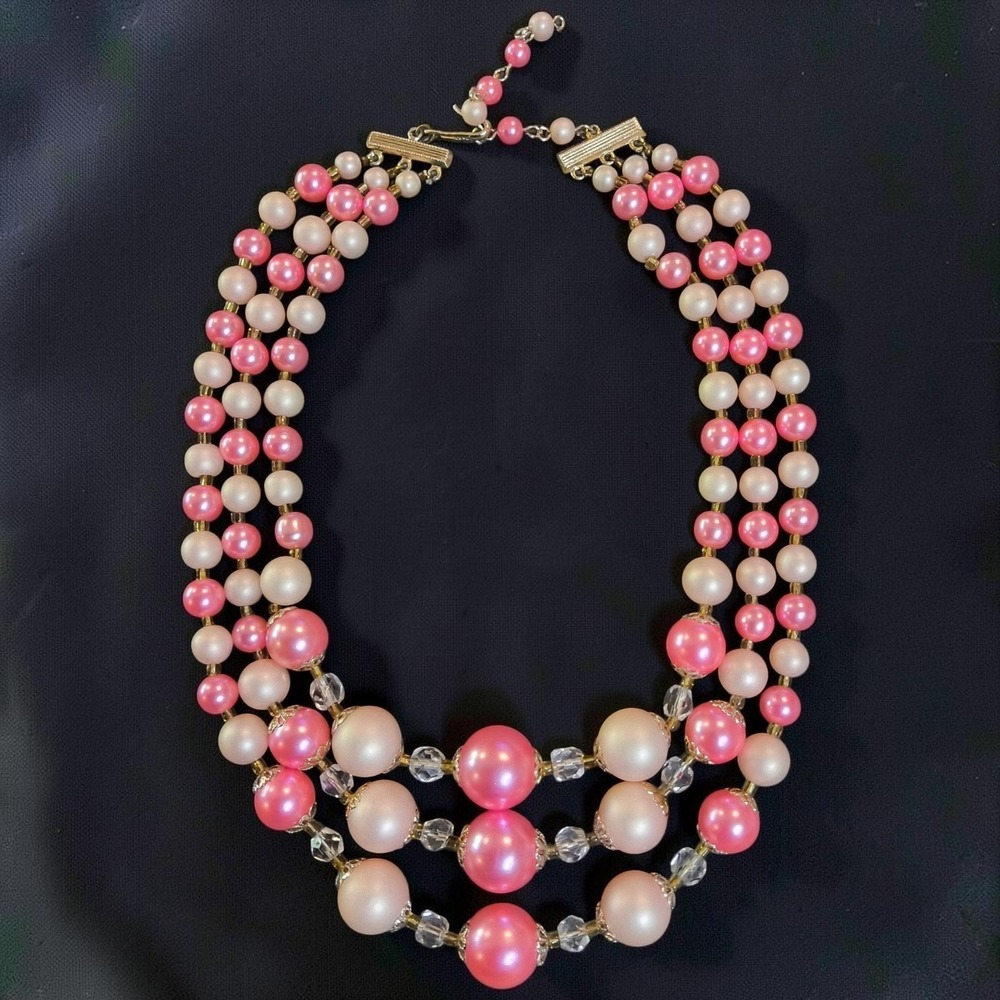 Vintage Japan Satin Finish Pink Glass Triple Strand Bib Necklace | 1950s 1960s